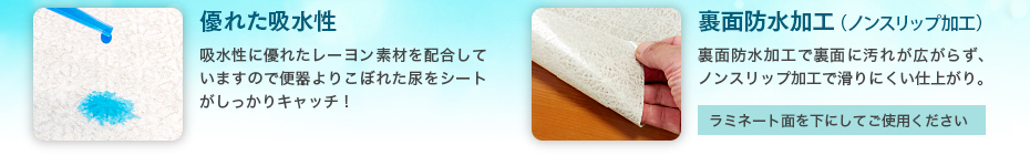 優れた吸水性／裏面防水加工（ノンスリップ加工）